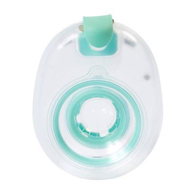 Reusable breast milk container with a clear body and a light teal closure, designed for easy storage and access.