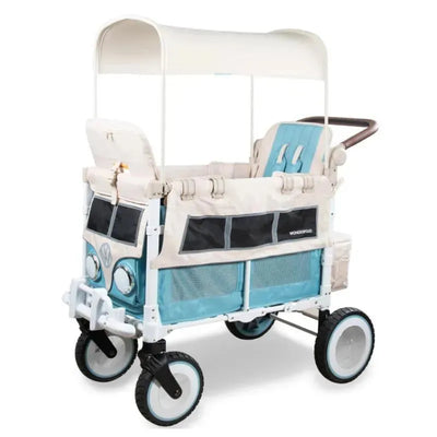 Volkswagen special edition WonderFold double stroller wagon in Bondi Blue, featuring two seats, canopy, and spacious storage.