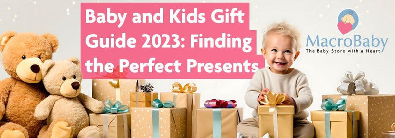 Baby smiling with teddy bears and gift boxes for 2023 holiday presents