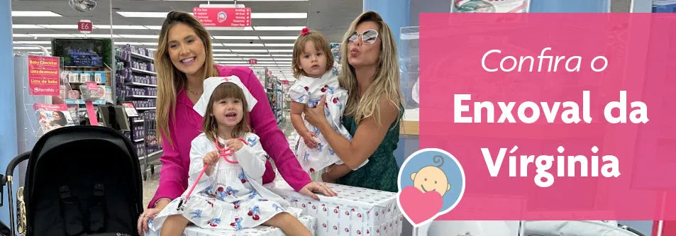 Mom and kids in baby store with stroller, Virginia gift box, baby clothing, and nursery items