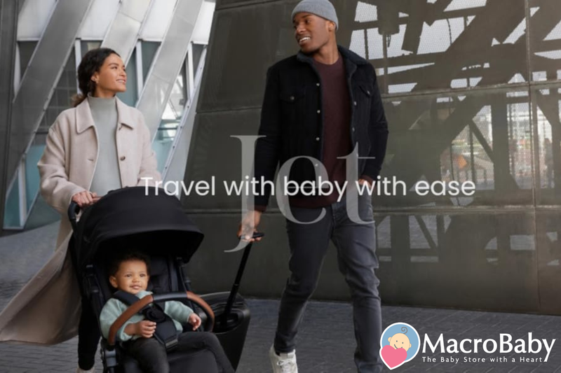Parents walking with baby in stroller, urban setting, easy travel with baby gear