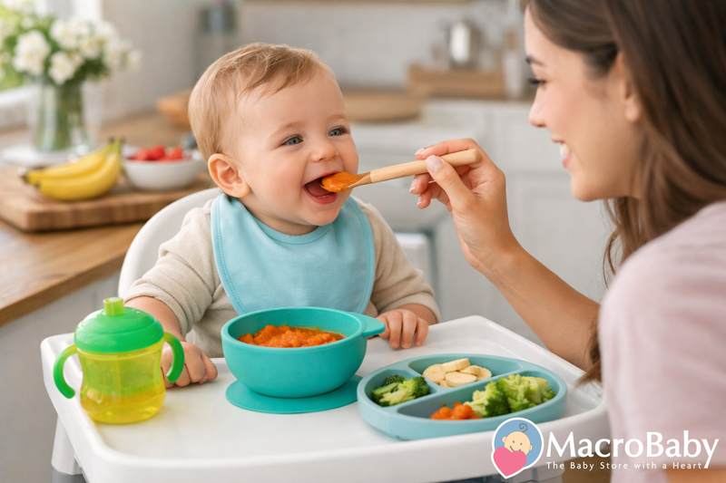 Mom feeding baby pureed food with spoon, baby in high chair with bib, sippy cup and divided plate of veggies