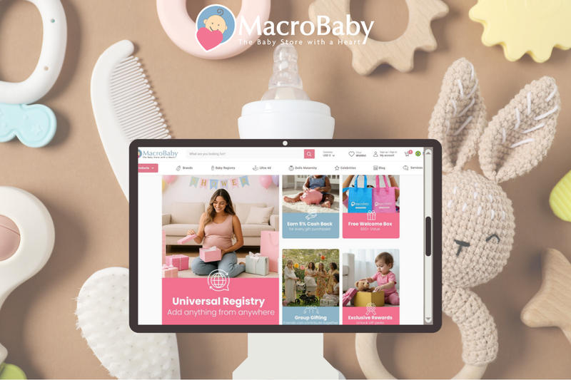 Baby registry and products on tablet surrounded by baby items like bottle, comb, and plush toy