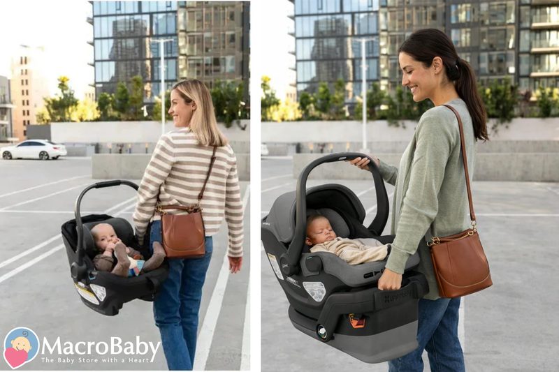 Mom carrying baby in UPPAbaby infant car seat, perfect for strollers and safe travel