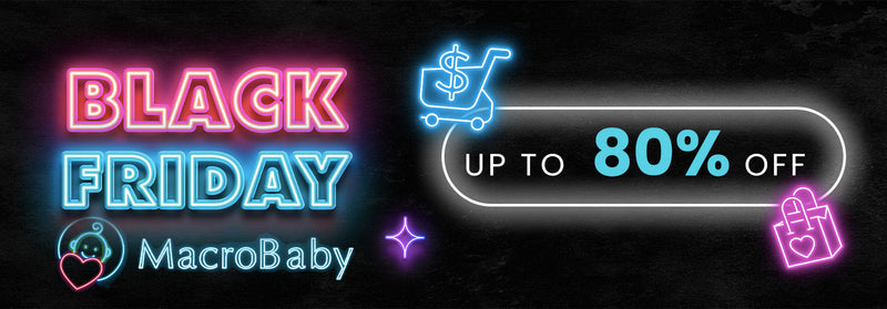 Black Friday neon sign with up to 80% off sale, shopping cart, and gift bag icons for baby products