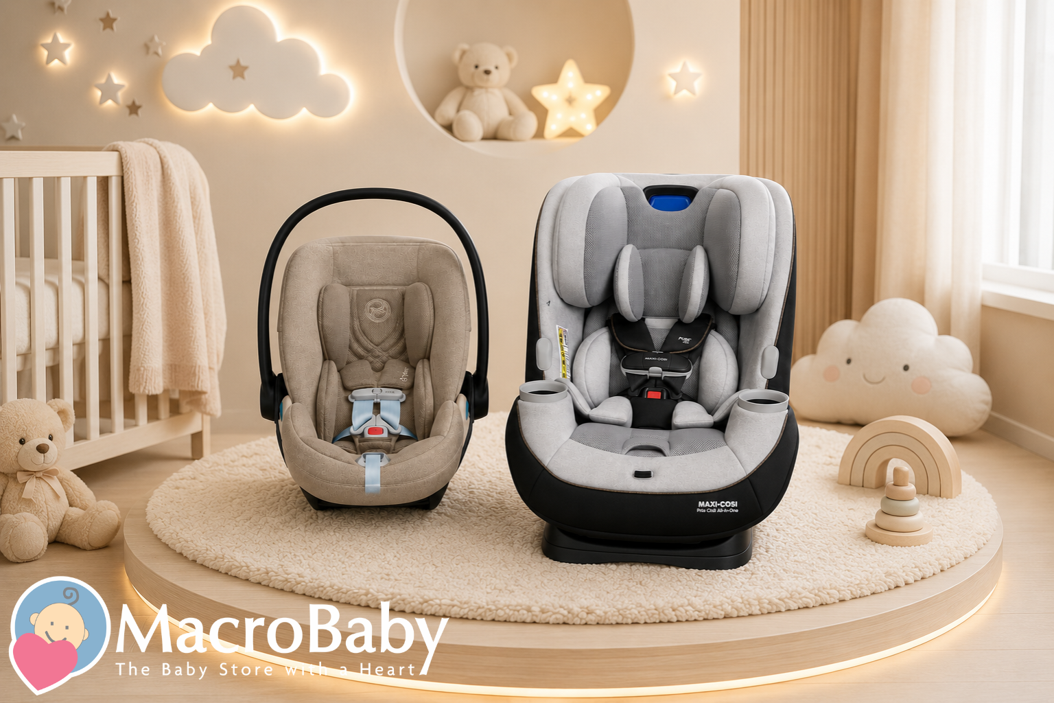 Maxi-Cosi infant car seat and convertible car seat displayed in cozy nursery with teddy bears and cloud decor