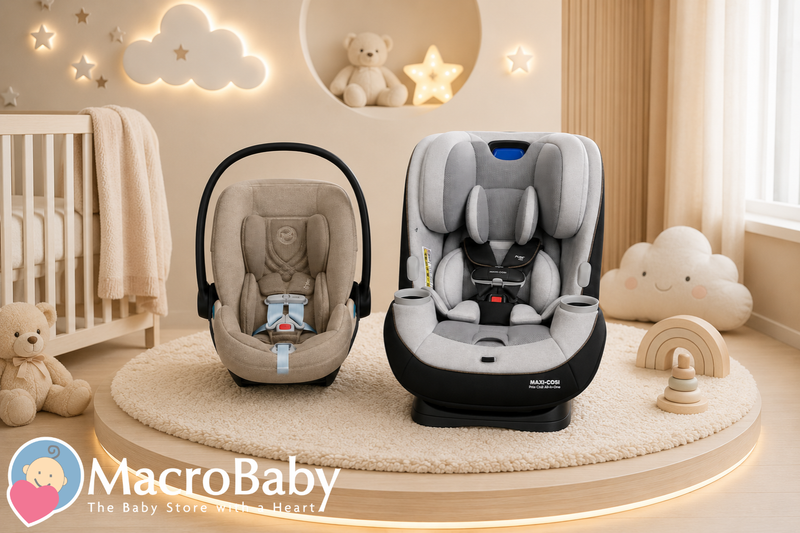 Maxi-Cosi infant car seat and convertible car seat displayed in cozy nursery with teddy bears and cloud decor