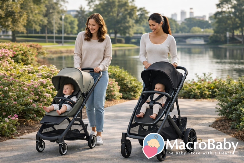Two moms pushing baby strollers on a park path with babies smiling, ideal for urban parenting
