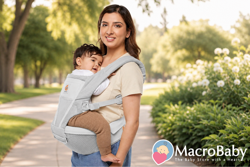 Mom carrying baby in ergonomic baby carrier outdoors on sunny path