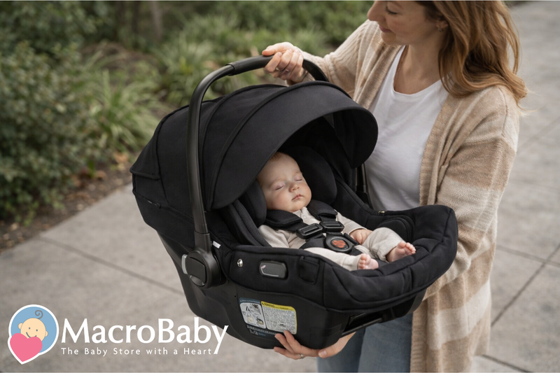 Mom holding newborn in black infant car seat outdoors, safe baby travel gear
