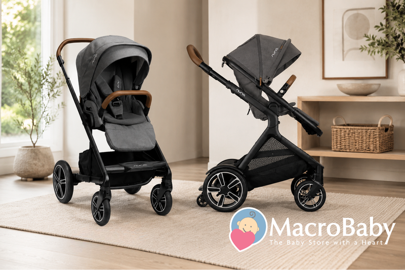 Nuna baby stroller in gray with brown handles, shown upright and folded, ideal for modern parenting