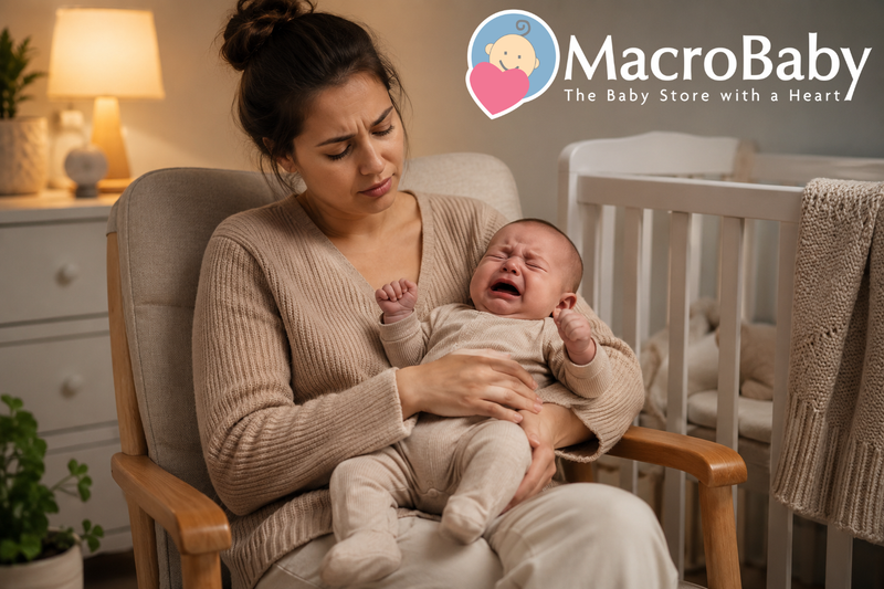 Parent soothing a tired, crying baby in a cozy nursery before bedtime, illustrating a baby fighting sleep.