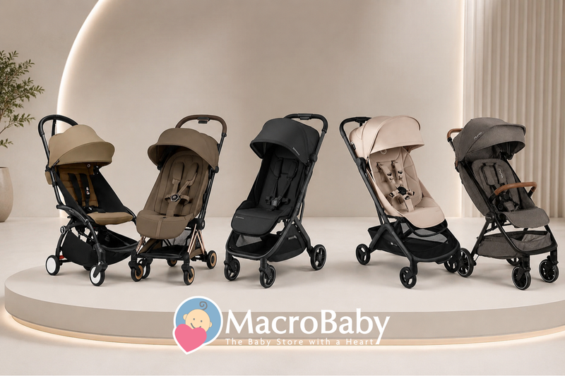 Five stylish baby strollers in neutral colors displayed on a modern platform, perfect for urban parents.