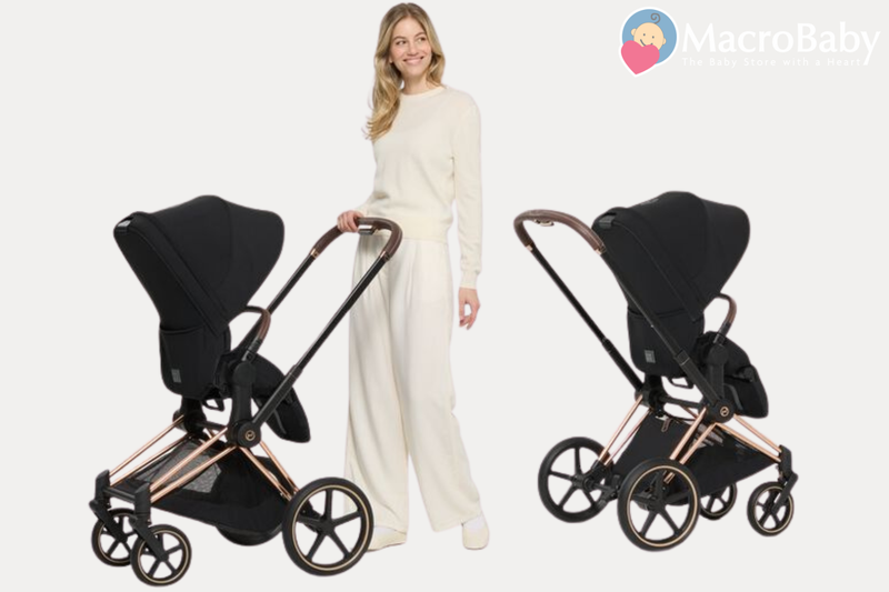 Luxury black baby stroller with rose gold frame, shown from front and side views beside a smiling mom.