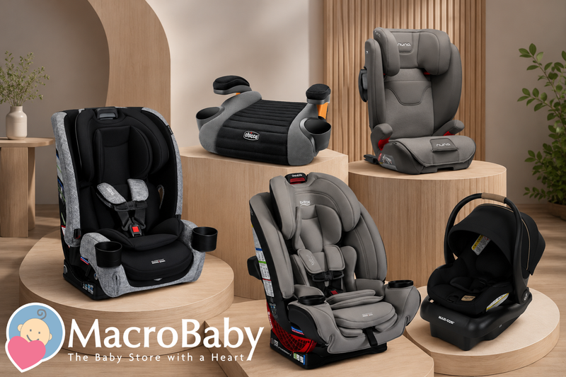 Assorted baby car seats and boosters from top brands, displayed on wooden pedestals for safe infant and toddler travel.