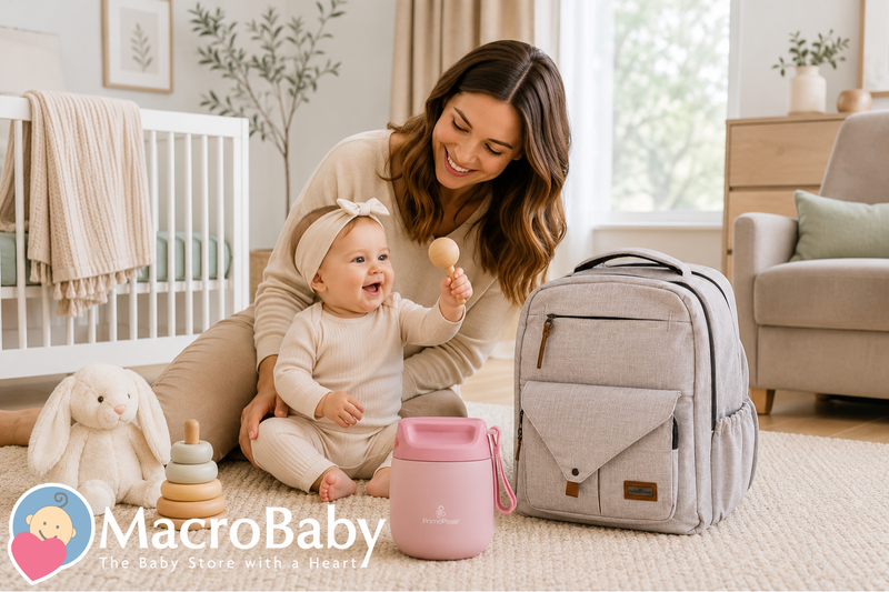 Mom and baby playing with toys near a diaper bag and pink thermos in nursery