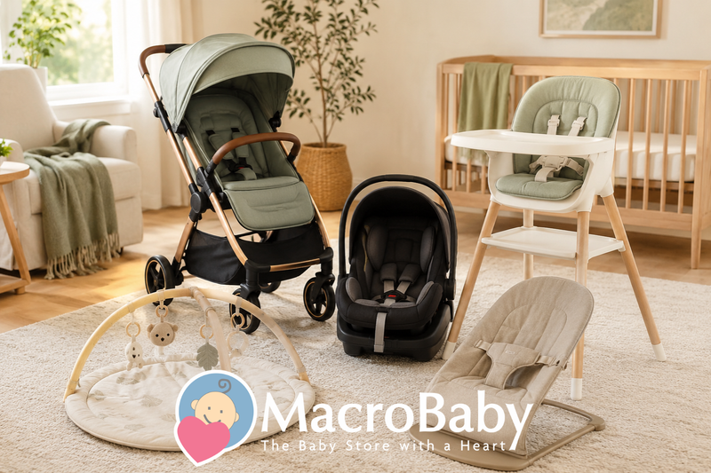 Modern baby stroller, car seat, high chair, bouncer, and play mat in cozy nursery setting