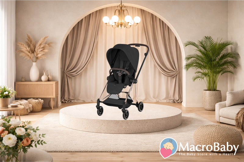 Black baby stroller on display in a modern nursery with beige curtains and plants, ideal for moms and babies.