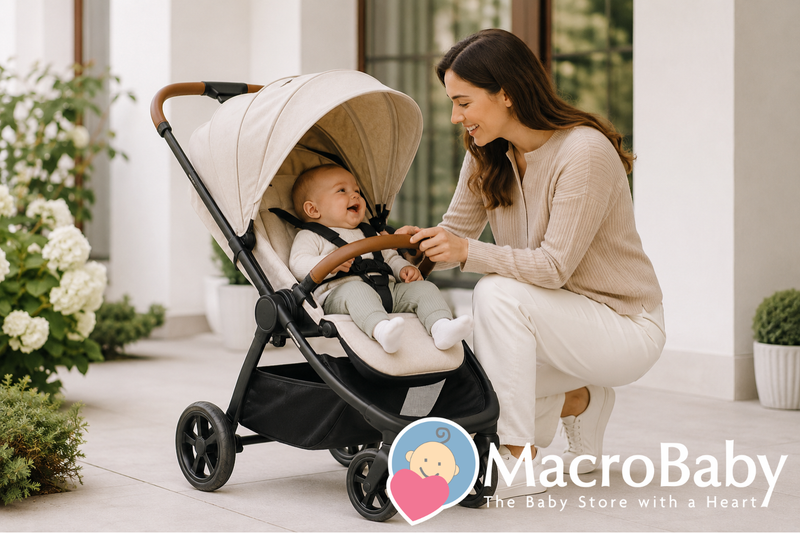 Happy mom smiling at baby in beige stroller outdoors, perfect for baby gear and parenting essentials
