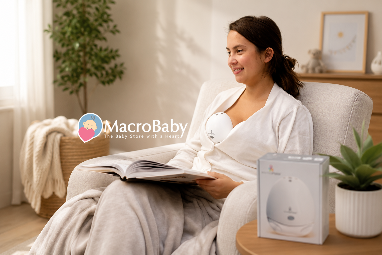 Mother reading while using a wearable breast pump in a cozy nursery.