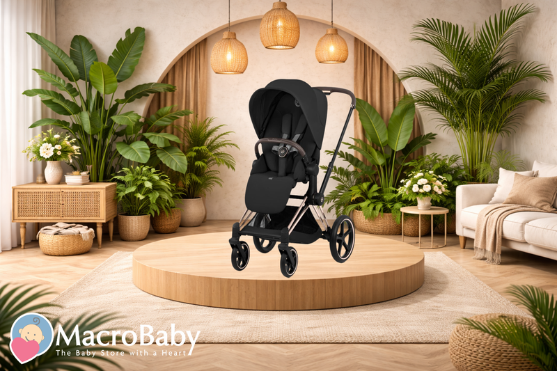 Black baby stroller on wooden platform in modern nursery with plants and cozy decor