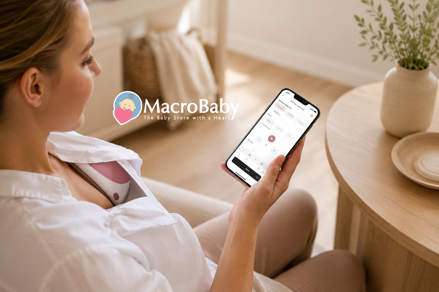 Mother controlling a wearable breast pump with a smartphone app.