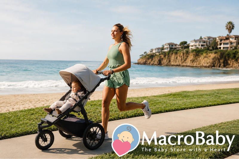 Mom jogging with baby in stroller on beach path, perfect for active parents and newborns