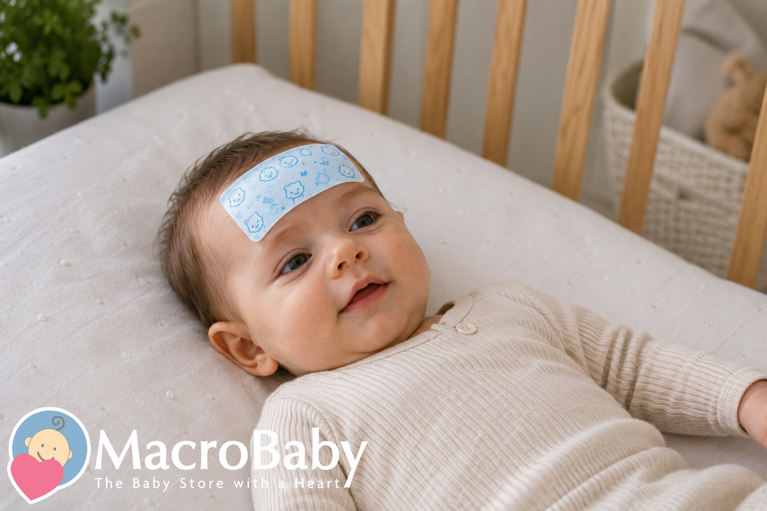 Baby with fever patch on forehead, lying in wooden crib wearing beige onesie