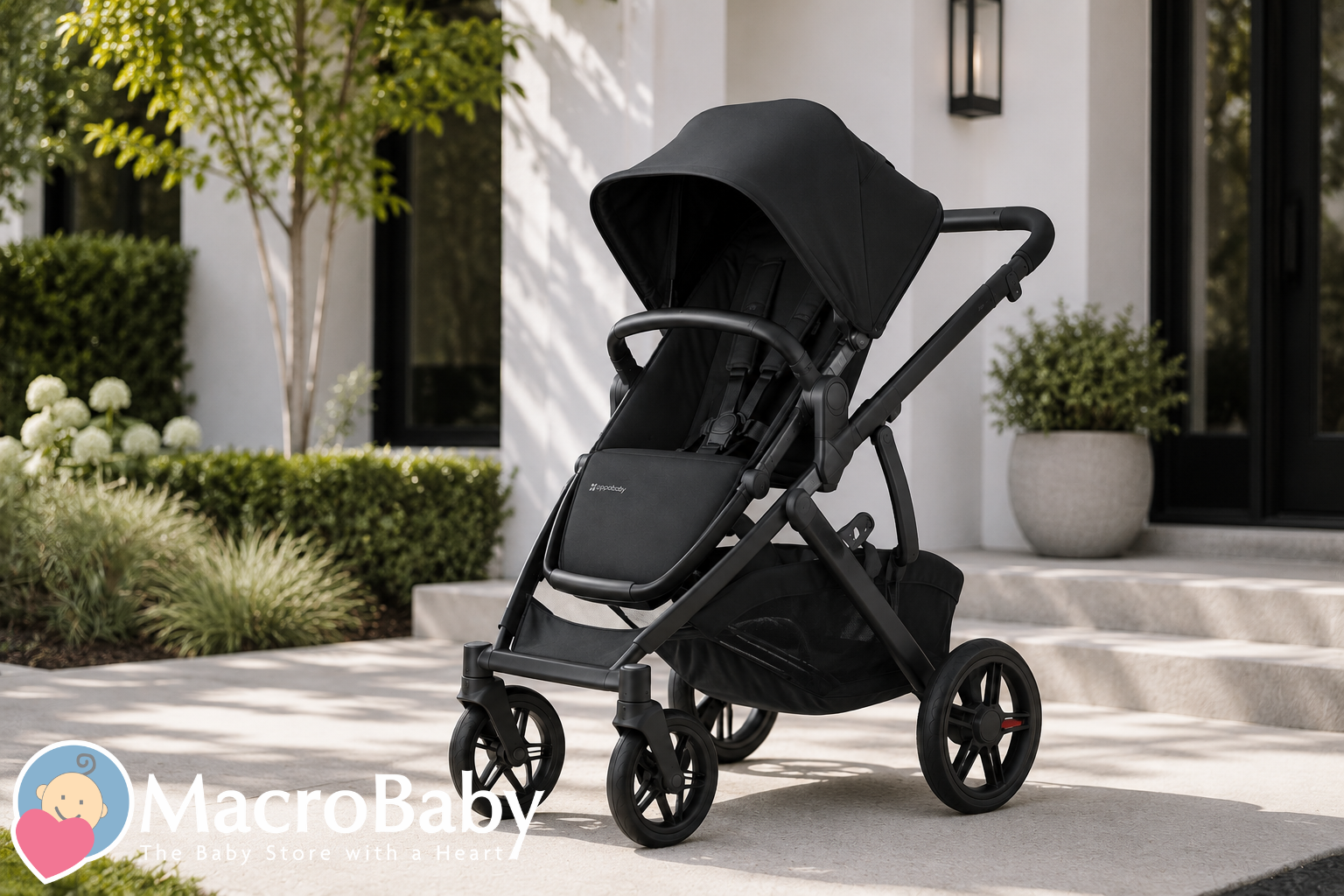 Black UPPAbaby Vista V3 stroller parked outside a modern home with clean landscaping and soft natural sunlight, showcasing its premium design in a stylish residential setting.