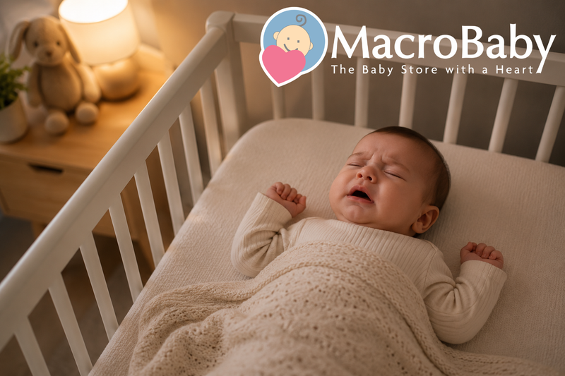 A baby lies in a white crib with eyes closed and a slightly fussy expression, appearing to cry while still asleep. The softly lit, modern nursery features warm neutral tones, a bedside lamp, and a plush bunny, creating a calm nighttime atmosphere.