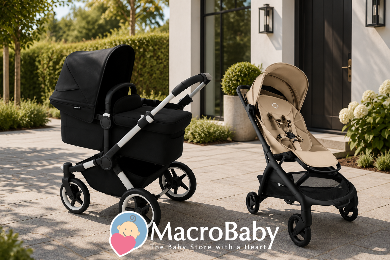 Modern baby strollers outside a contemporary home