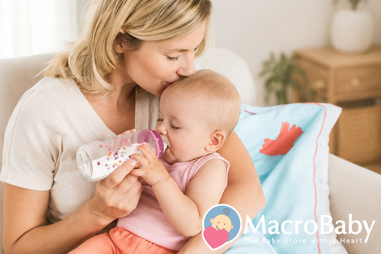 Mother lovingly feeds her baby with a baby bottle featuring a smooth-flow nipple while sitting together in a bright, cozy living room.