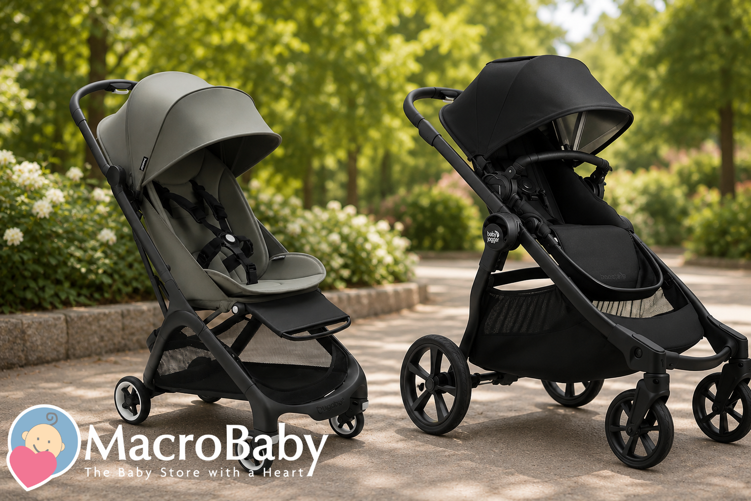 Two lightweight baby strollers, gray and black, on a sunny park path with green trees and flowers