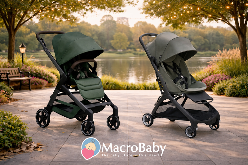 Two modern baby strollers in green and gray on a park path near a lake, perfect for outdoor walks with baby.
