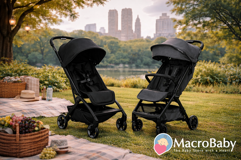 Two lightweight baby strollers in park with picnic setup, ideal for urban moms and outdoor adventures
