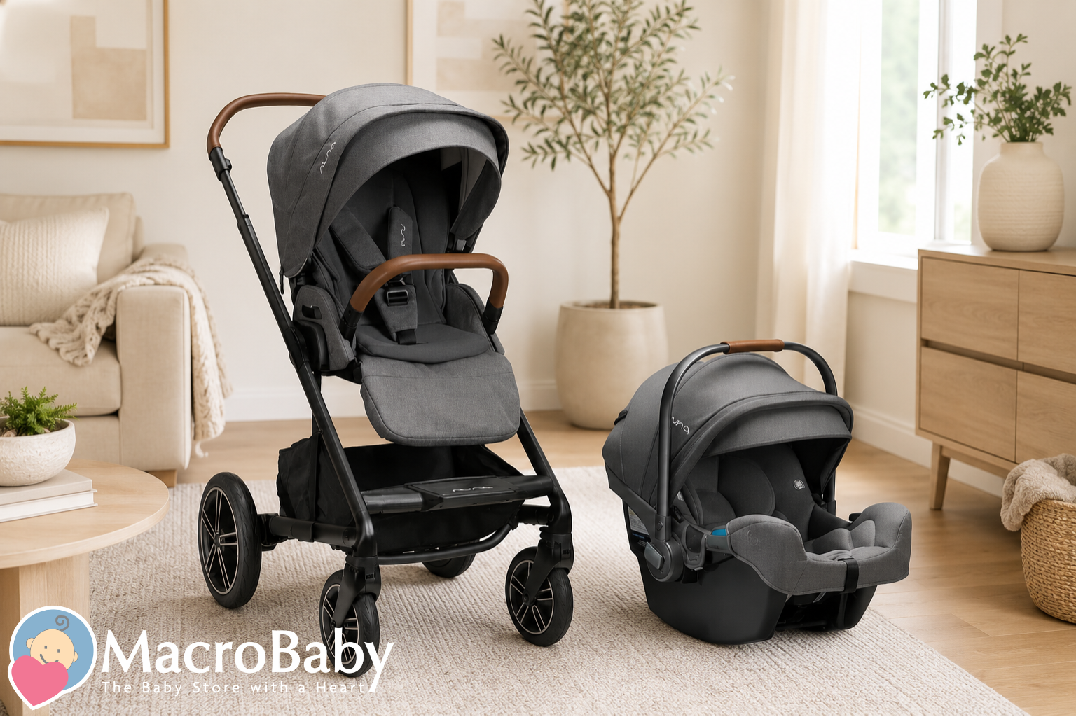 Modern gray stroller and infant car seat set with brown handles, perfect for baby travel and comfort.