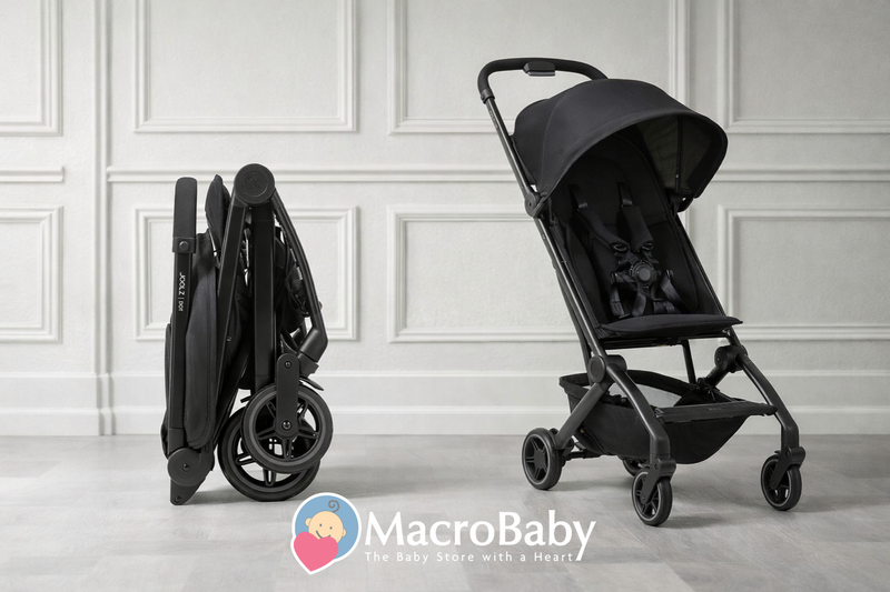 Black lightweight stroller shown folded and unfolded, ideal for travel and everyday use with compact design