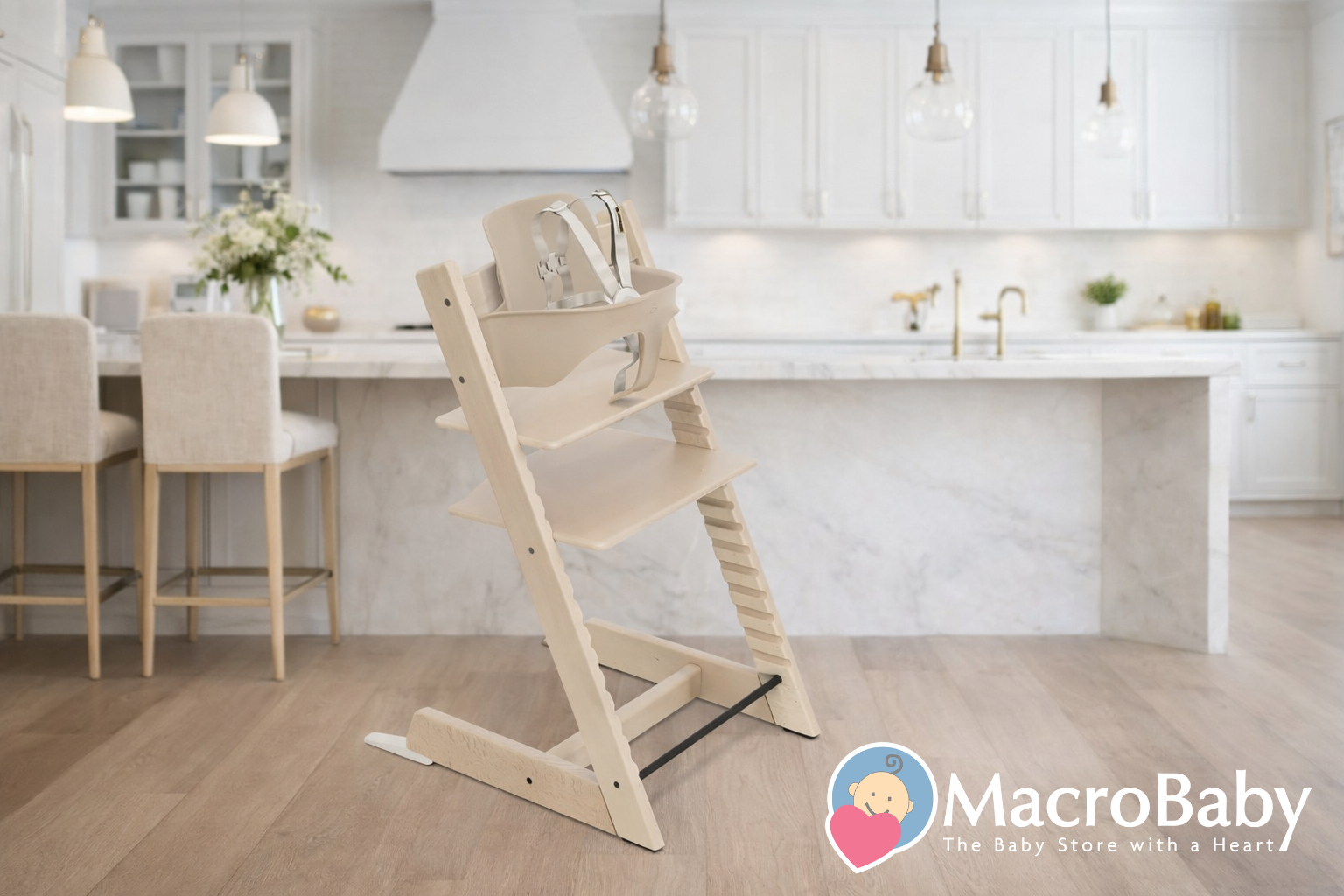 Modern wooden high chair with safety harness in bright kitchen, perfect for baby feeding and mealtime