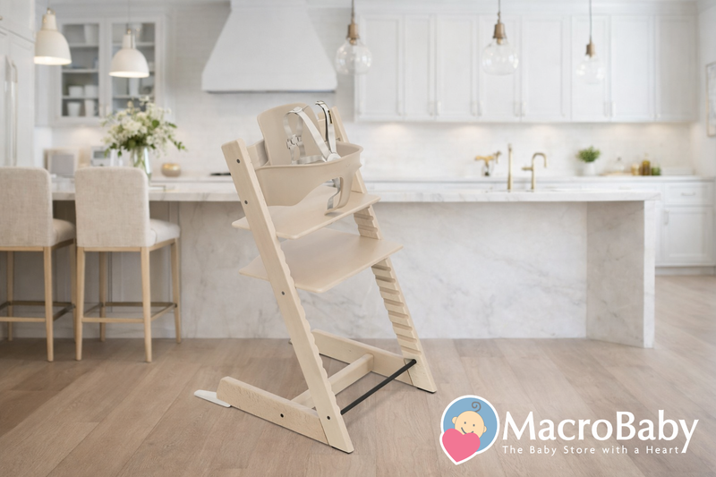 Modern wooden high chair with safety harness in bright kitchen, perfect for baby feeding and mealtime