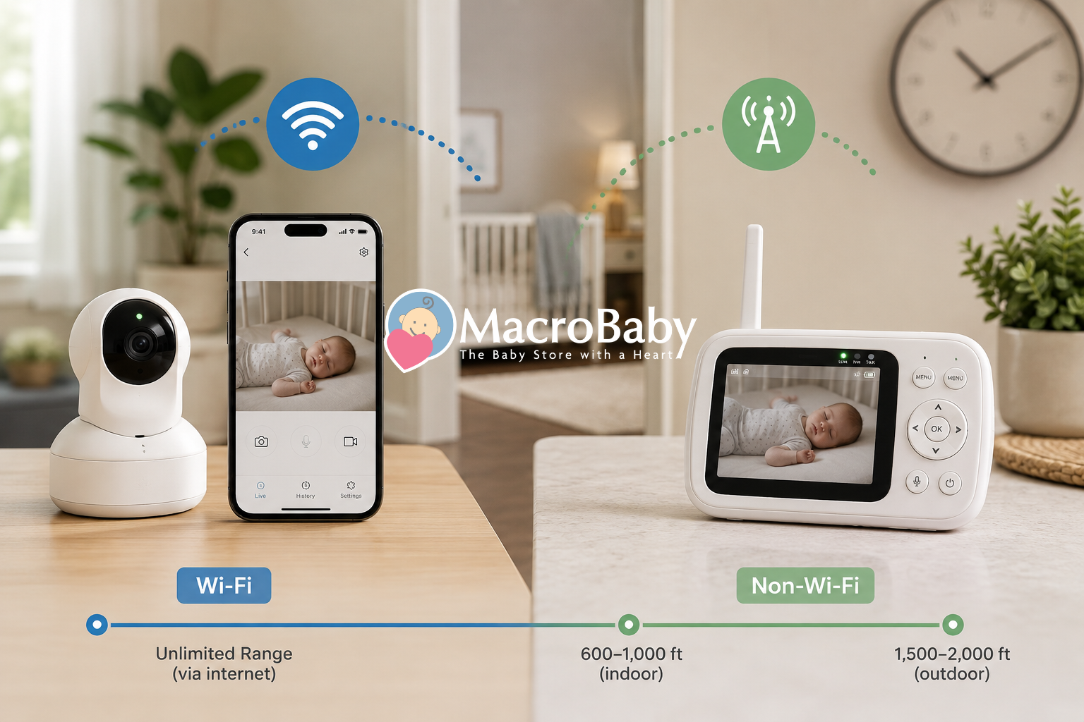 Wi-Fi and non-Wi-Fi baby monitors side by side