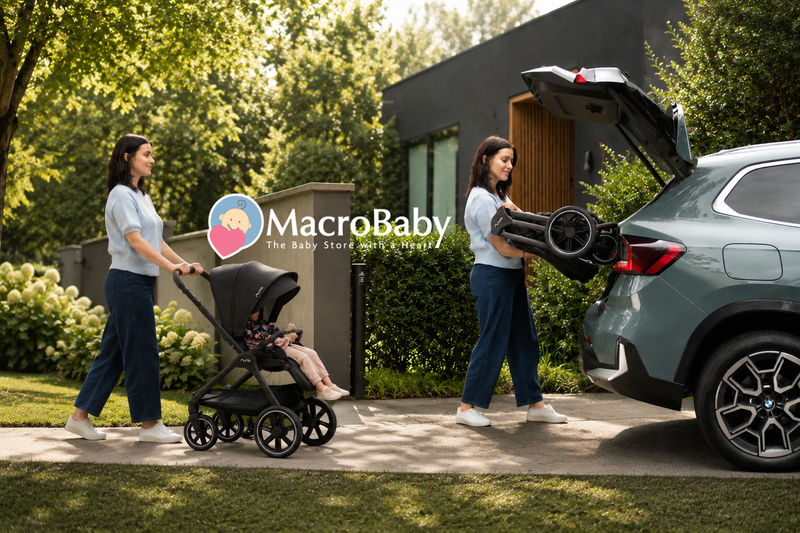 A stroller being used outdoors and folded into an SUV trunk.