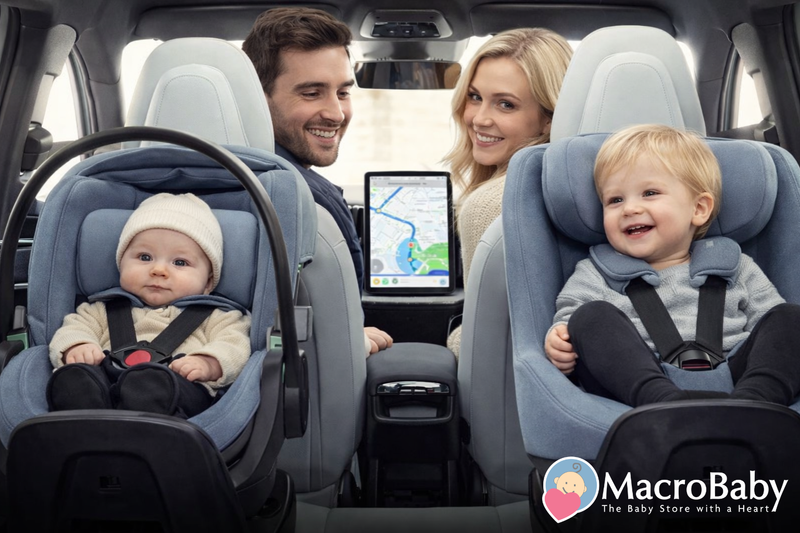 Family in car with baby and toddler in blue car seats, parents smiling, safe travel for kids