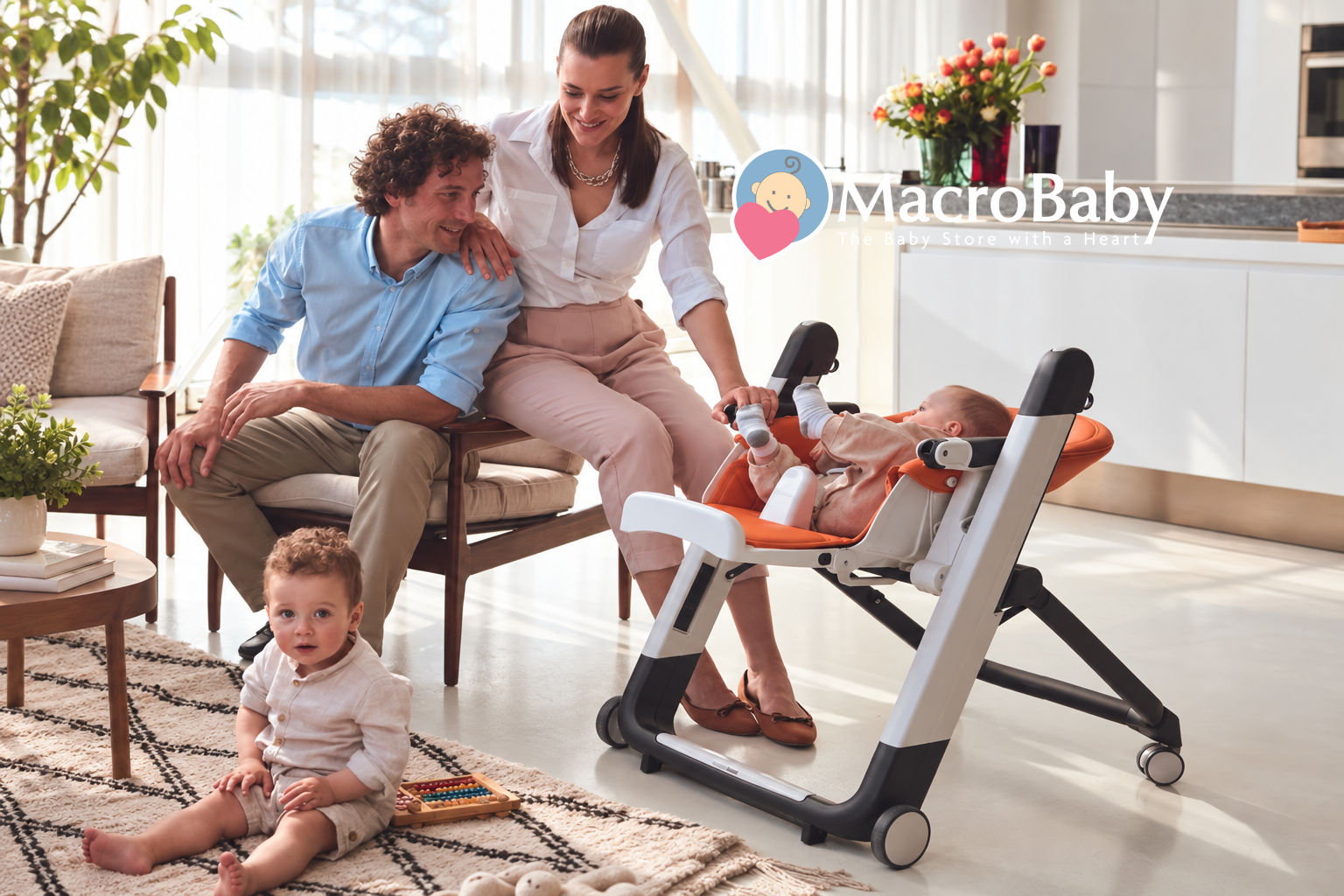 Family with baby in reclining high chair.