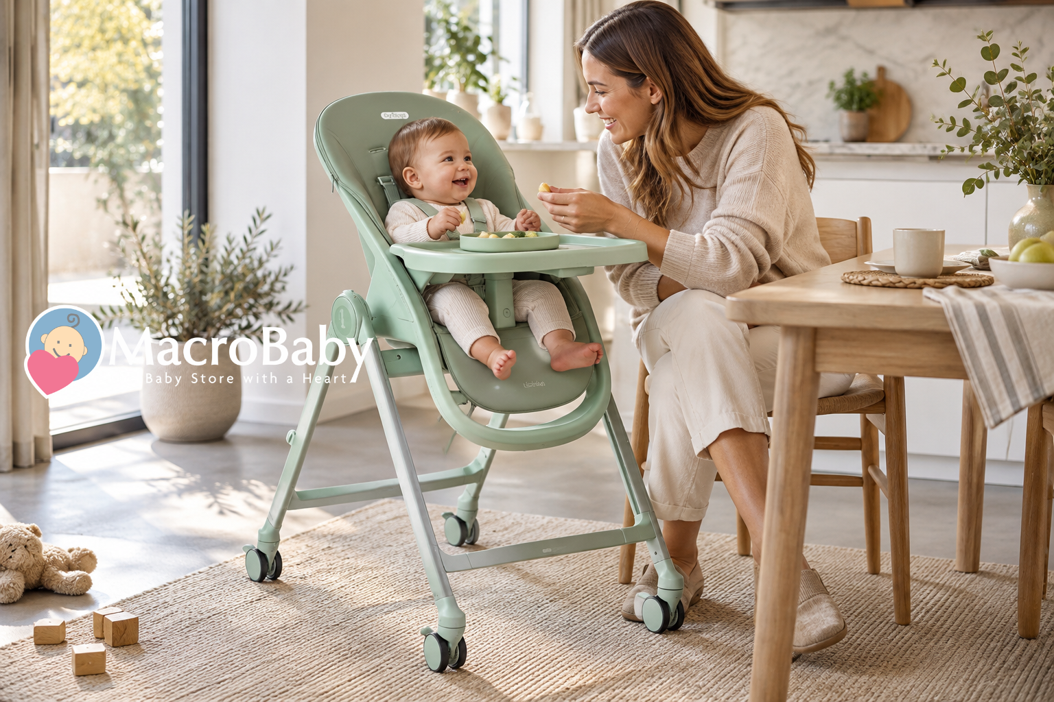 Baby enjoying mealtime in a green high chair.