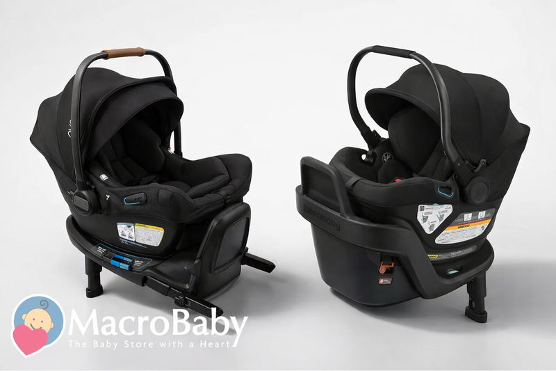Two black infant car seats with canopies and bases, ideal for newborns and safe travel.