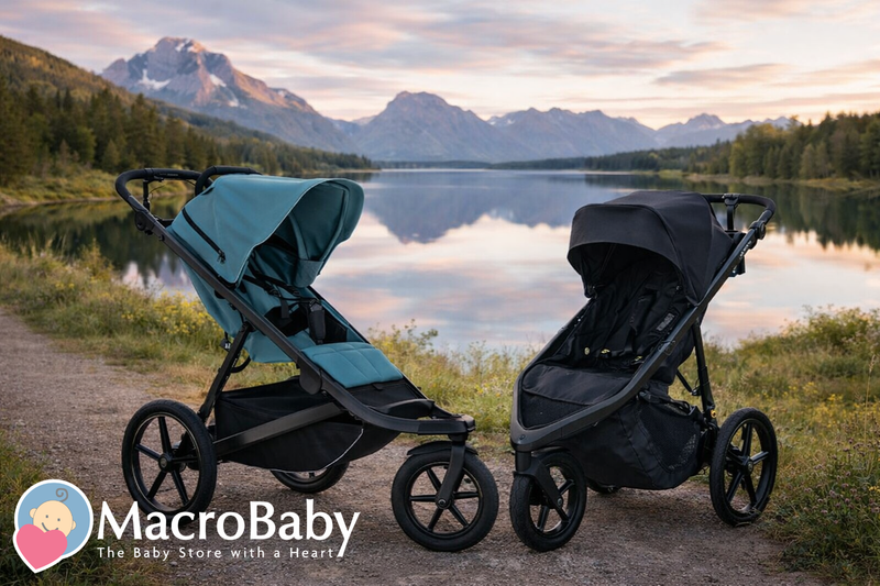 Two baby strollers, teal and black, on a lakeside trail with mountain views — perfect for outdoor adventures.