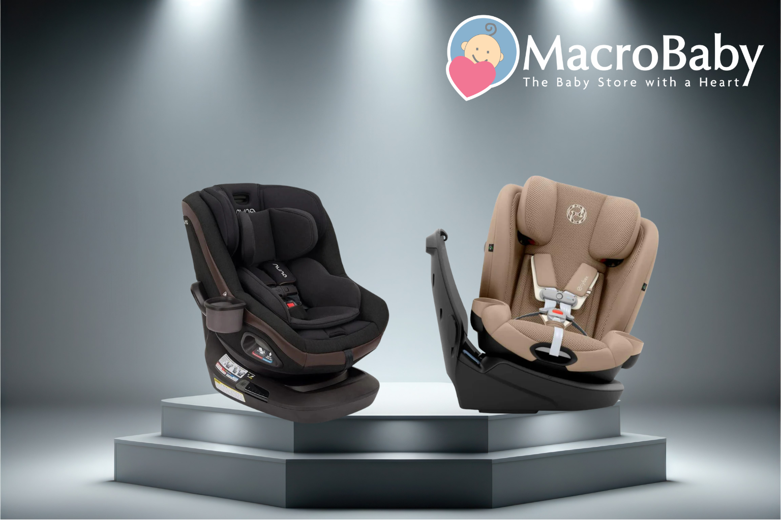 Two infant car seats in black and beige on display pedestals, spotlighted for baby safety gear