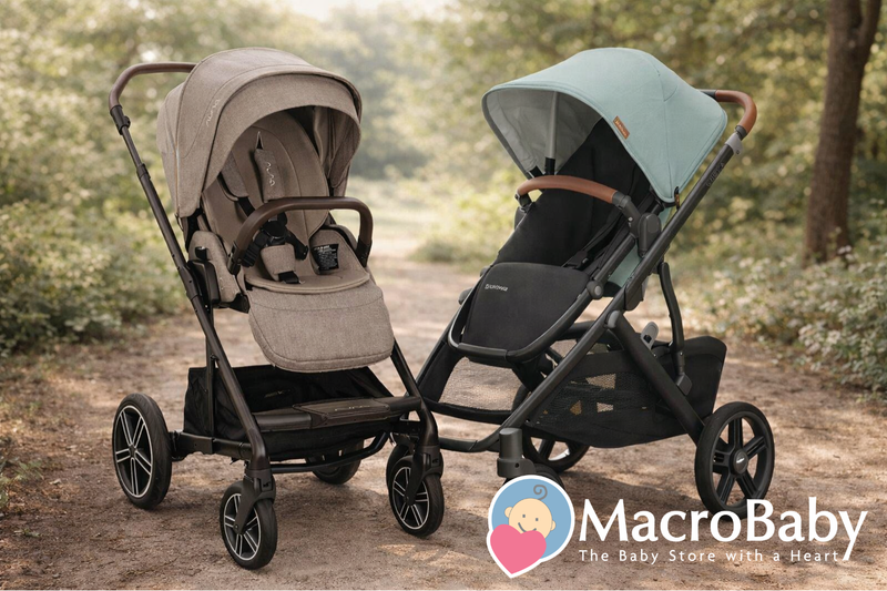 Two stylish baby strollers in beige and mint green, perfect for outdoor walks with your little one.