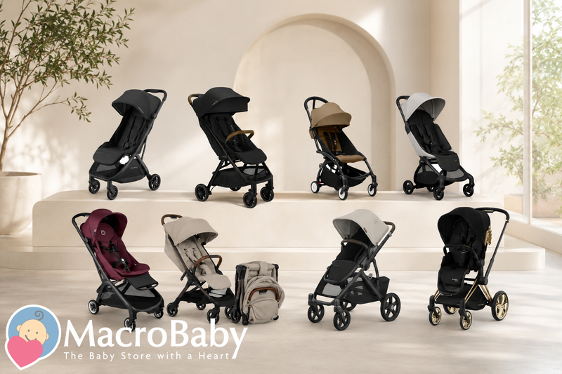 A lineup of modern premium baby strollers arranged in a clean, elegant interior with natural lighting and neutral tones, illustrating an eco-friendly guide to non-toxic strollers and sustainable baby gear for 2026.