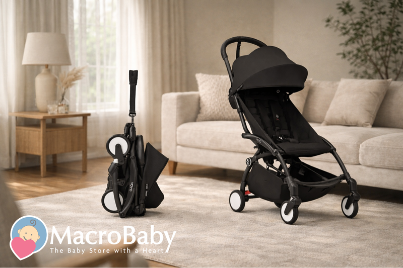 Black lightweight stroller and folded compact stroller in modern living room, ideal for travel and everyday use